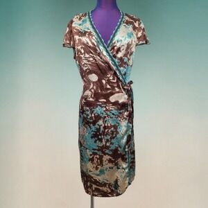 Aoyama Itchome Silk Wrap Dress Brown Turquoise Abstract Print Lace Trim Large